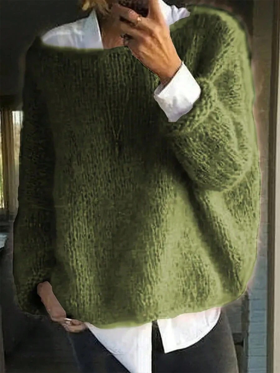 Maglione casual a girocollo in maglia tinta unita a maniche lunghe, stile minimalista, adatto per Natale - Verde - Visualizzare 1