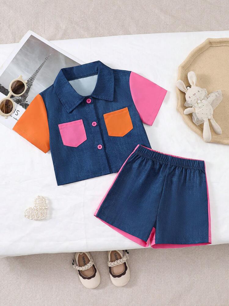 Street Style Cargo Style Baby Girls' Set, Color Block Short Sleeve Shirt And Shorts, Cute And Casual, For Summer