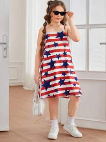 SHEIN Tween女孩加大尺碼基本款紅白條紋帶星條紋印花針織背心裙，適用於春夏季