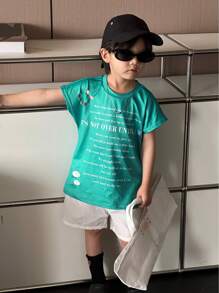 SHEIN Young Boy Letter Printed Tank Top With Multiple Distressed Holes