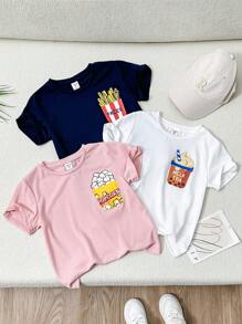 SHEIN 3 件/套小男孩休閒短袖 T 卹,配薯條、爆米花和珍珠奶茶印花,街頭風格,夏季 - 彩色 - 查看 1