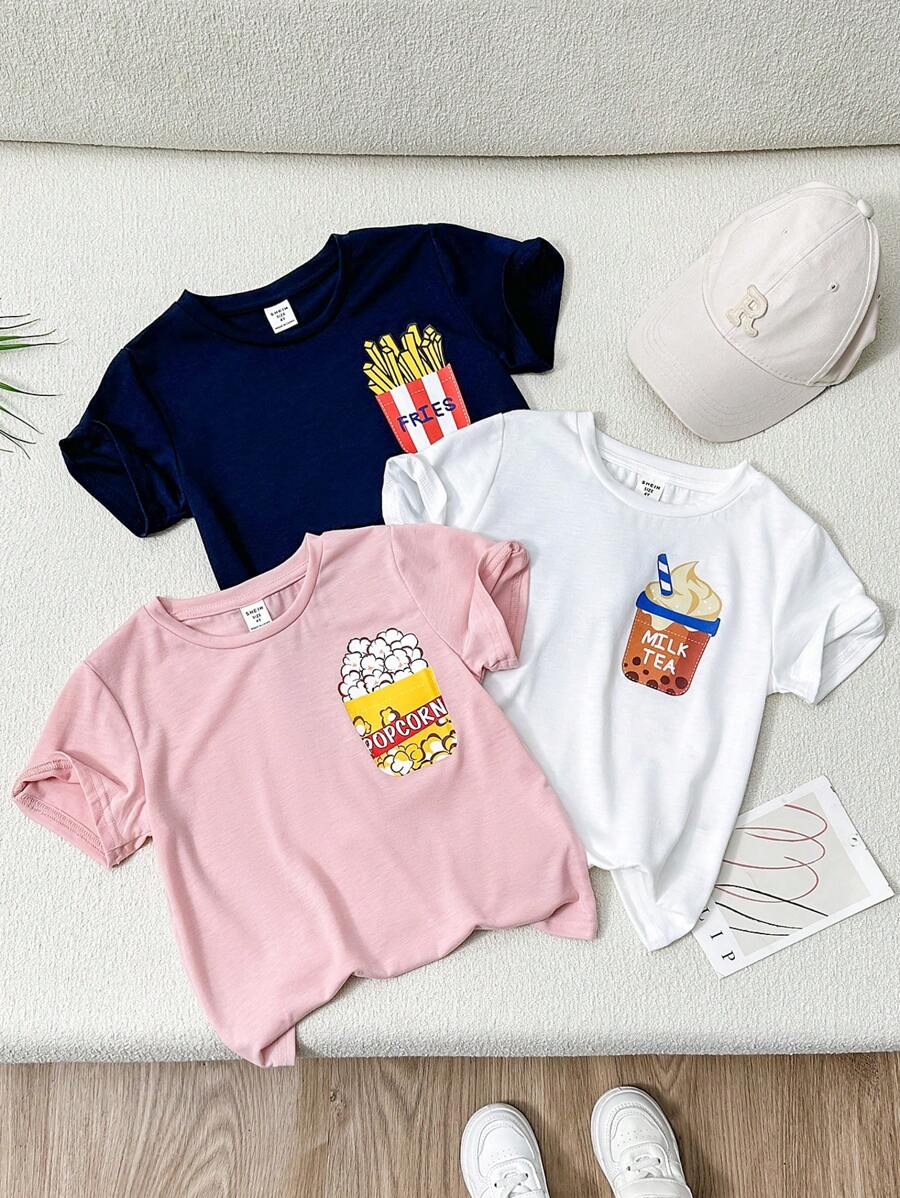 SHEIN 3 件/套小男孩休閒短袖 T 卹,配薯條、爆米花和珍珠奶茶印花,街頭風格,夏季 - 彩色 - 查看 1