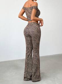 SHEIN EZwear Women's Leopard Print Off Shoulder Top And Long Pants Two-Piece Set - Brown - View 2