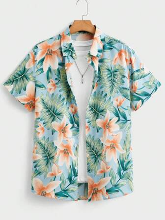 GENTILAND Manfinity RSRT男士短袖紡織沙灘襯衫，植物印花設計