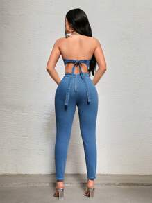 SHEIN SXY Solid Color Strapless Backless Tie-Dye Sexy Denim Jumpsuit - Medium Wash - View 7