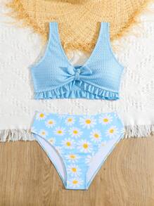 Tween Girl Daisy Print Front Tie Patchwork Bikini Set With Flounce Trim, For Vacation - Multicolor - View 5