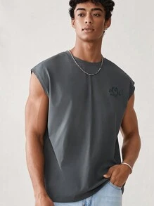 SWAVVY Men Summer Cartoon Printed Tank Top With Slogan And Round Neckline, Sleeveless Graphic Dark Grey Vacation Funny Tank Top For Boyfriend Gift