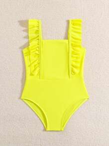 Young Girl Solid Color Square Neck Ruffled One-Piece Swimsuit, Summer Beachwear