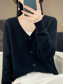 Frauen Frühling Neue Ankunft, dünner Vintage-Stil tiefem V-Ausschnitt Gestrickte Strickjacke, einfarbiges Top - Schwarz - Übersicht 3