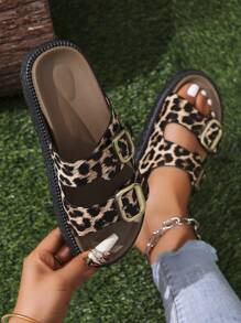 女士 PU 扣装饰凉鞋，黑色，豹纹，拼色，厚底时尚鞋，沙滩拖鞋 - 彩色 - 查看 2