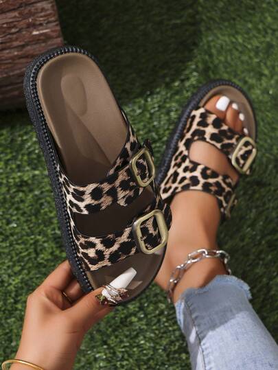 صنادل نسائية مزينة بحزام من البولي يوريثان ، متوفرة باللون الأسود ، النمر ، طبعات الألوان ، أحذية ذات نعل سميك عصرية ، شبشب للشاطئ