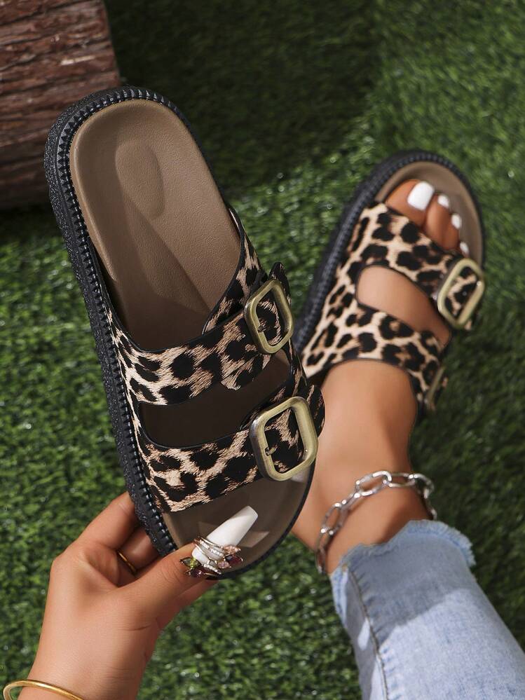 女士 PU 扣装饰凉鞋，黑色，豹纹，拼色，厚底时尚鞋，沙滩拖鞋 - 彩色 - 查看 1