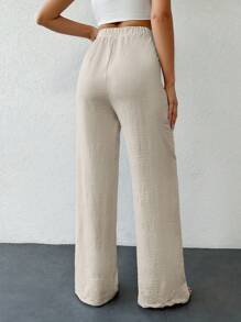EURMUSE Quần cotton nữ cao cấp có nút thắt màu trơn - Màu be - Xem 2