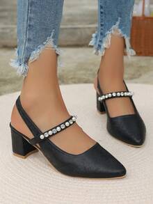 New 2024 Women High Heel Closed Toe White High Heel Pumps, Party Lady Mary Janes Rhinestone Embellished High Heels - Black - View 5