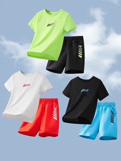 6pcs/Set Tween Boy Casual Sports Graphic Round Neck Short Sleeve T-Shirt And Shorts Knit 2 Pieces Outfit, 6pcs Total, 3 Colors Assorted, School, Campus, College