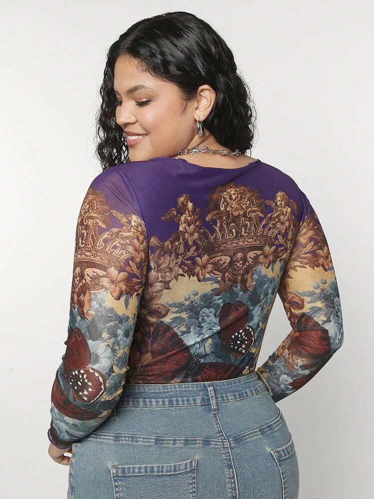 Y2K Butterfly Printed Plus Size Women's Bodysuit, Summer