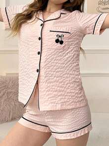 女性時尚短袖襯衫和短褲睡衣套裝 - 粉色 - 查看 3