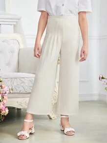 Tween Girl Loose Cute Solid Color High Waist Culottes With One-Sided Pleated Leg, Capri Length