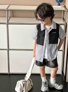 SHEIN 男童休閒韓版條紋2合1襯衫及牛仔短褲，適合逛街和戶外活動 - 白色 - 查看 3