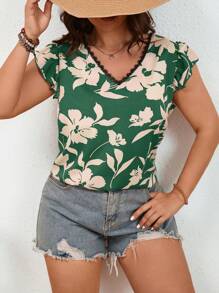 SHEIN Frenchy 夏季新款加大码蕾丝露背花朵雪纺上衣，配以飘逸袖子 - 墨綠色 - 查看 3