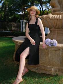 Women's Solid Color Simple Casual Spaghetti Strap Side Split Tie Long Dress - Black - View 4
