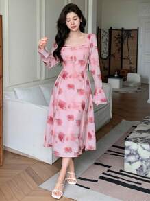 DAZY 女士雪纺印花连衣裙，荷叶边，秋季花卉连衣裙 - 粉色 - 查看 4