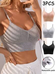 Shein Underwear&Sleepwear Basics 3 قطع من حمالات الصدر الرياضية بتصميم متباين من الدانتيل و بالون متماسك، ضروريات اليوجا