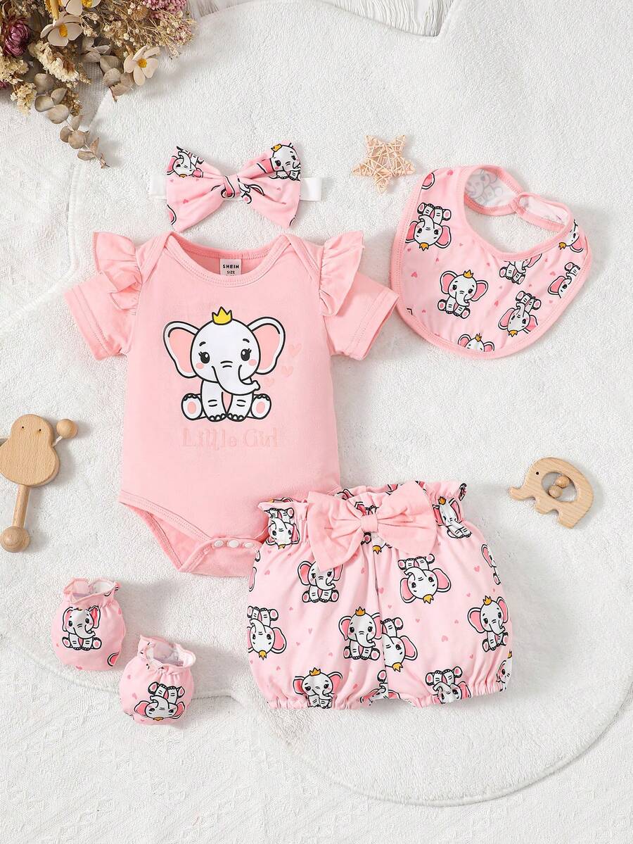 SHEIN Infant And Toddler Girls Summer Pink Elephant Printed Bib And Gloves Set - Pink - View 1