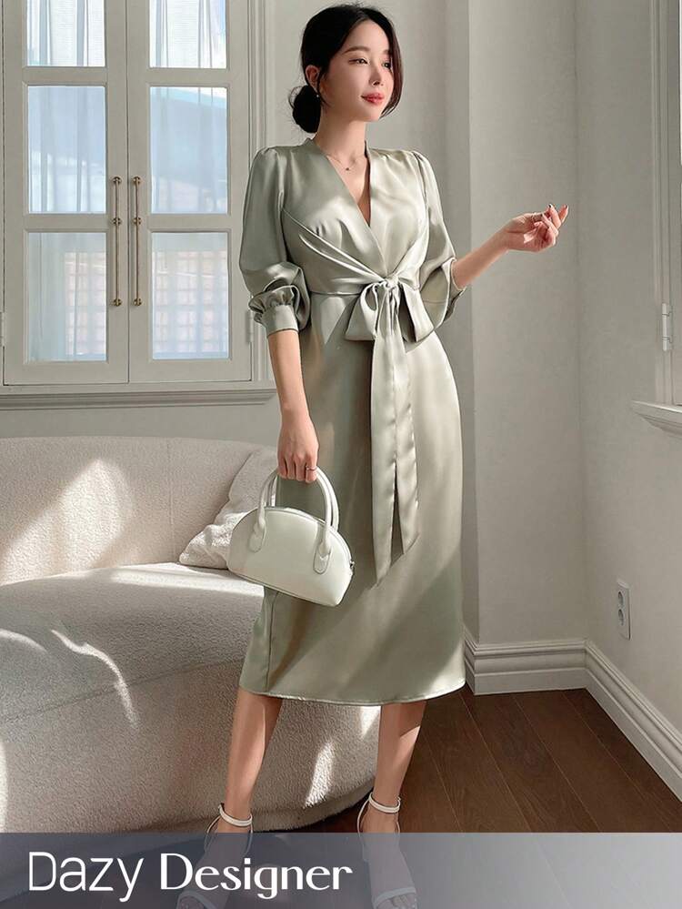 V-Neck Tie Up Design Bodycon Dress,Formal Women Dresses,Fall Dress Long Sleeve Dress