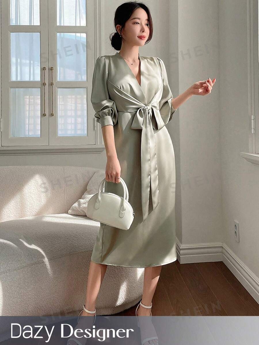 Dazy Designer Rochie mulată cu decolteu în V și design cu noduri, rochii formale pentru femei, rochie de toamnă cu mânecă lungă - Verde - View 1