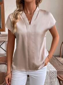 SHEIN LUNE Áo mùa hè nữ Satin cổ chữ V cánh dơi tay ngắn màu trơn thanh lịch - Hồng - Xem 3