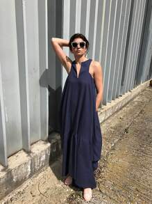 SHEIN LUNE Váy dài không tay cổ chữ V rộng rãi màu xanh navy cỡ lớn dành cho nữ - Màu xanh lam - Xem 7