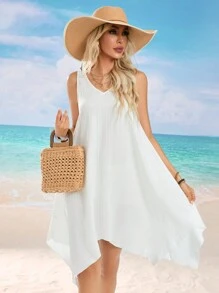 SHEIN Swim Vestito ricamato da spiaggia colore solido estivo donna a copertura asimmetrica con passamanerie in pizzo - Bianco - Visualizzare 2