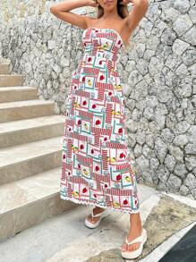 SHEIN Essnce Women's Summer Fruit Printed Maxi Strapless Casual Dress - Multicolor - View 7