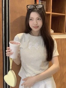 夏用 ショート丈 INS スタイル ストレート 肩出し バタフライ刺繍ショートスリーブトップ - グレー - チェックする 4