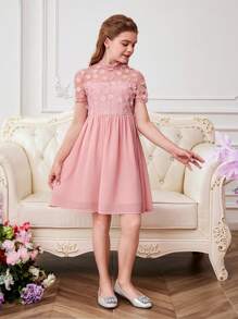 SHEIN Vestido de malla bordado de manga corta para niña preadolescente para fiesta de graduación de primavera/verano - Rosa - Ver 4