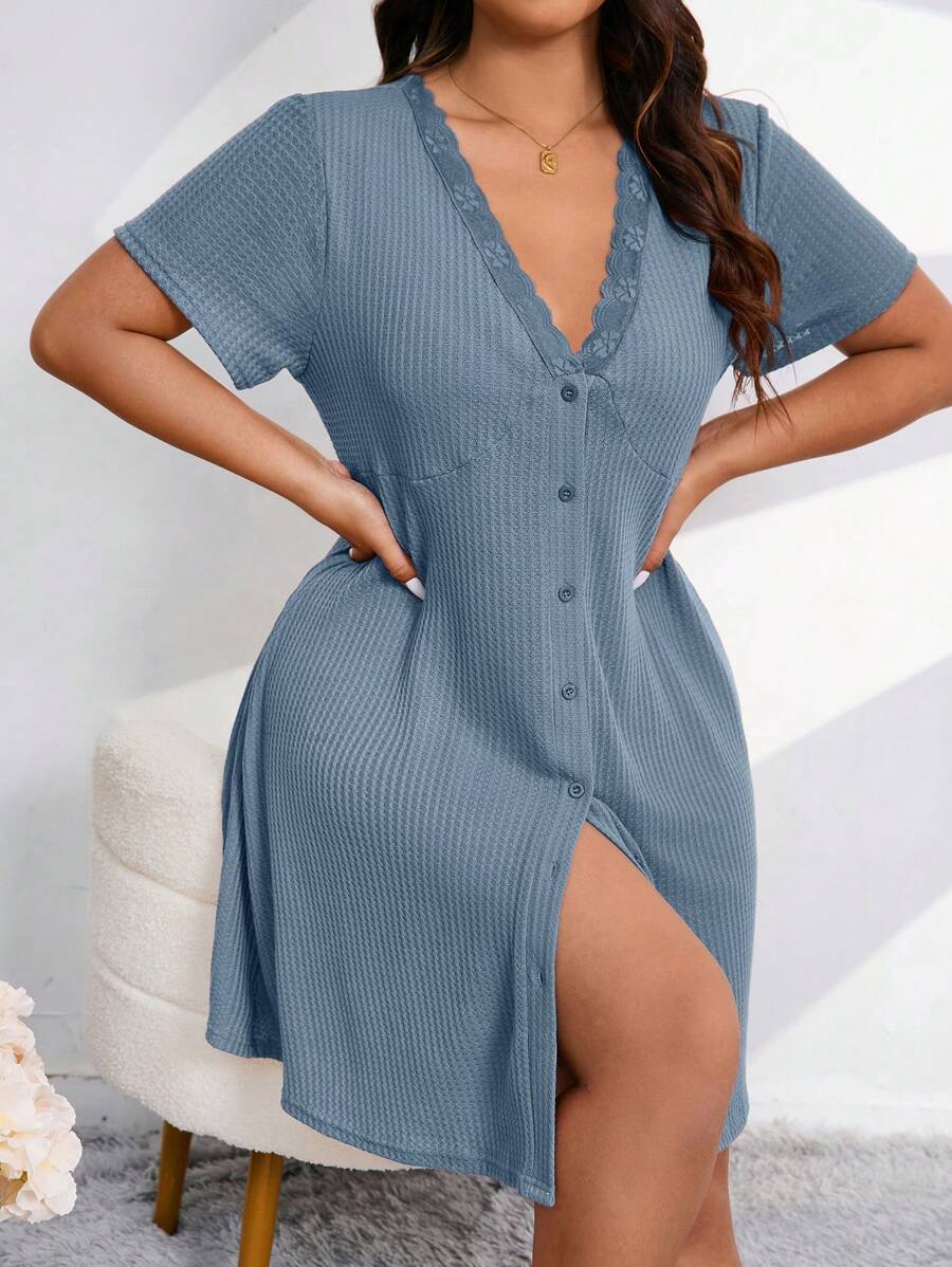 Plus Size Áo len dệt kim cổ chữ V màu trơn có ren chắp vá và đường viền hoa, váy ngủ Váy ngủ Pajama - Màu xanh bụi bặm - Xem 1