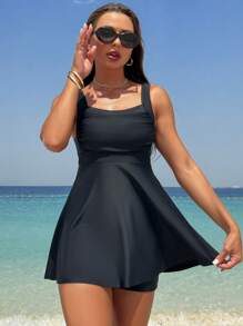 Swim Lushoire 女款純色度假風格泳衣搭配短褲,夏季海灘全覆蓋泳裝 - 黑色 - 查看 4