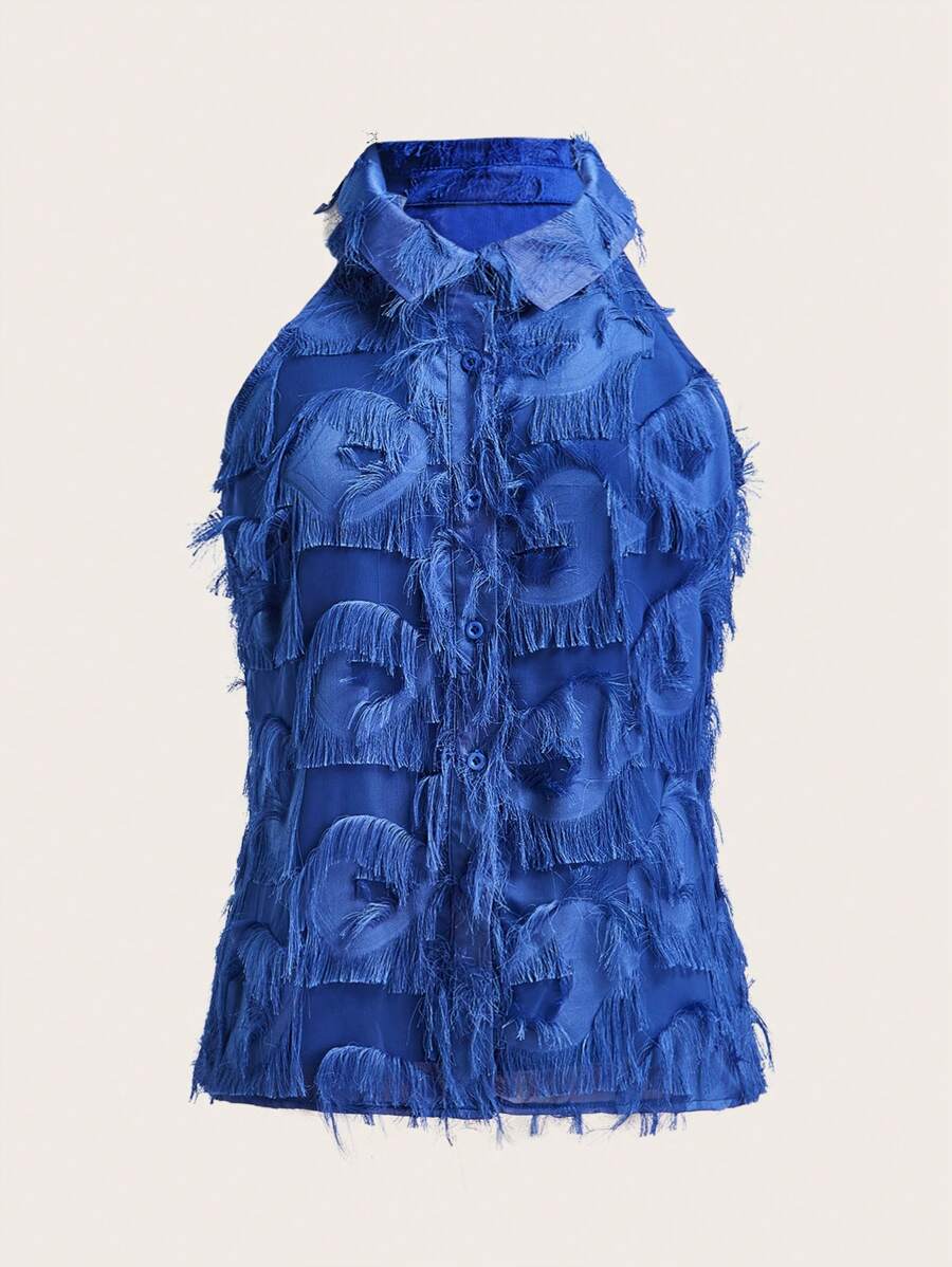 SHEIN Privé Camisa peluda sólida sin mangas con botones en la parte delantera - Azul - Ver 1