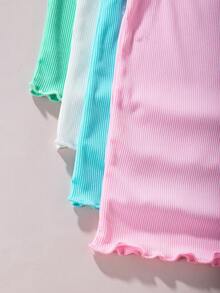 SHEIN 少女4入組夏季純色圓領短袖T恤，配以荷葉邊設計 - 彩色 - 查看 8