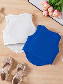 SHEIN 年輕女孩編織純色方領配搭休閒上衣，2件套裝 - 寶藍色 - 查看 2