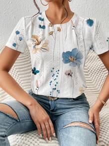 SHEIN Frenchy Solid Eyelet Embroidery Round Neck White Tee Commute Minimalist Office Old Money  Simple  Commute Minimalist Office Old Money  Simple Flower