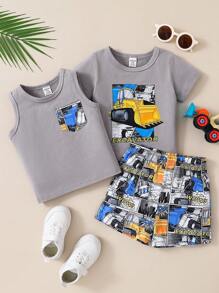 Baby Girl Summer Cartoon Printed Short-Sleeve Top And Top Matched With Elastic Waist Shorts Outfits - Multicolor - View 1