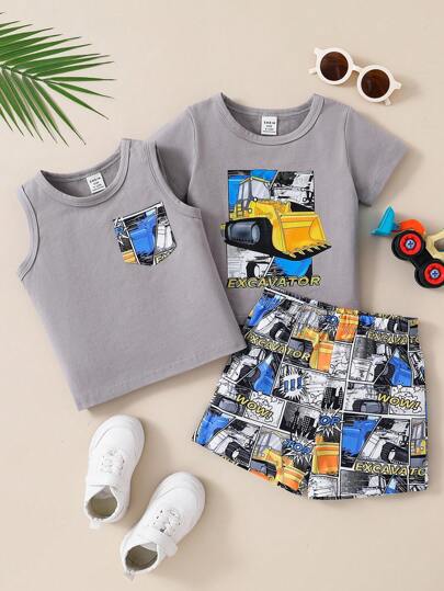 Baby Girl Summer Cartoon Printed Short-Sleeve Top And Top Matched With Elastic Waist Shorts Outfits