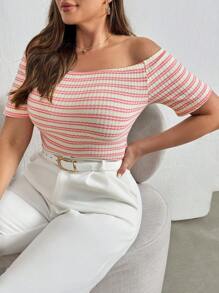 SHEIN Essnce Plus Size Nữ Xuân Hè Mới Thời Trang Kỳ Nghỉ Một Vai Sọc Ngắn Tay Bó Sát Áo Thun - Hồng - Xem 6