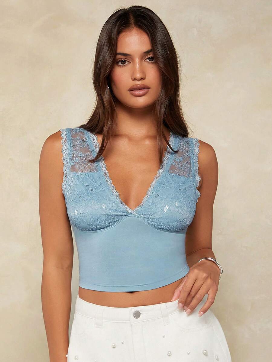 Forever 21 Romantic Woman V-Neck Lace Patchwork Blue Top - Blue - View 1