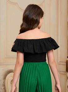 Tween Girl Cute Embroidered Ruffle T-Shirt With Ruffle Trim - Black - View 2