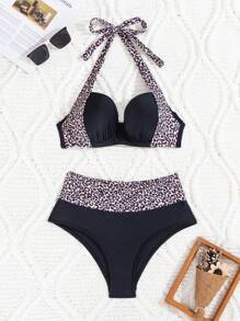 SHEIN Swim Conjunto de bikini sexy con cuello halter y estampado de leopardo para mujeres, ideal para vacaciones