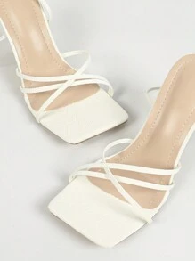 女士白色方头交叉绑带细高跟凉鞋，性感派对时尚简约舒适高跟鞋，增高显腿长，春夏穿搭 - 白色 - 查看 7