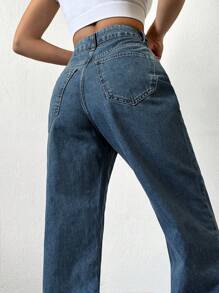 Cottnline Jeans de pierna recta unicolor - Azul lavado oscuro - Ver 5